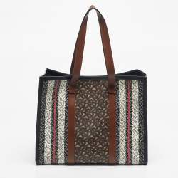 Pre Owned Burberry Bridle Brown TB Coated Canvas Small East West Book Tote