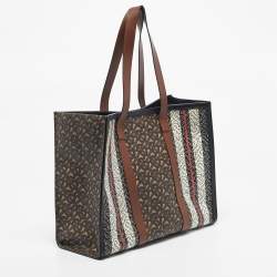 Pre Owned Burberry Bridle Brown TB Coated Canvas Small East West Book Tote