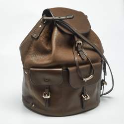 Pre Owned Burberry Brown Leather Multi Pockets Drawstring Shoulder Bag