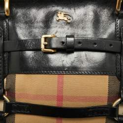 Pre Owned Burberry Black/Beige House Check Canvas and Leather Bridle Kent Tote