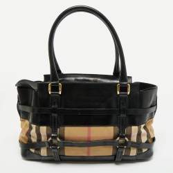 Pre Owned Burberry Black/Beige House Check Canvas and Leather Bridle Kent Tote