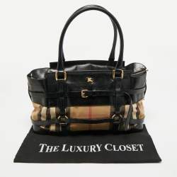 Pre Owned Burberry Black/Beige House Check Canvas and Leather Bridle Kent Tote