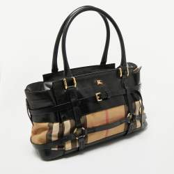 Pre Owned Burberry Black/Beige House Check Canvas and Leather Bridle Kent Tote