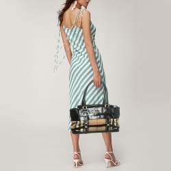 Pre Owned Burberry Black/Beige House Check Canvas and Leather Bridle Kent Tote