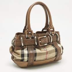Pre Owned حقيبة يد بربري بيتون قماش و جلد فحص المنزل بني صغيرة