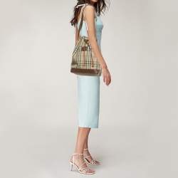 Pre Owned Burberry Brown/Beige Haymarket Fabric and Leather Drawstring Bucket Bag