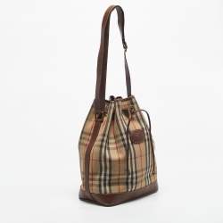 Pre Owned Burberry Brown/Beige Haymarket Fabric and Leather Drawstring Bucket Bag