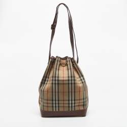 Pre Owned Burberry Brown/Beige Haymarket Fabric and Leather Drawstring Bucket Bag