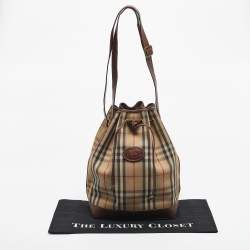Pre Owned Burberry Brown/Beige Haymarket Fabric and Leather Drawstring Bucket Bag
