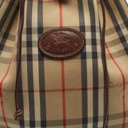 Pre Owned Burberry Brown/Beige Haymarket Fabric and Leather Drawstring Bucket Bag