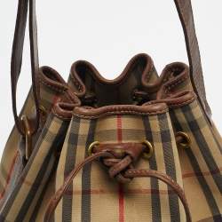 Pre Owned Burberry Brown/Beige Haymarket Fabric and Leather Drawstring Bucket Bag