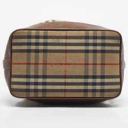 Pre Owned Burberry Brown/Beige Haymarket Fabric and Leather Drawstring Bucket Bag