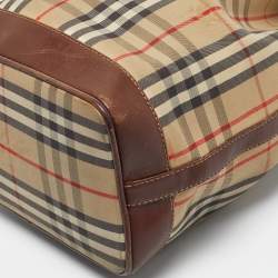 Pre Owned Burberry Brown/Beige Haymarket Fabric and Leather Drawstring Bucket Bag