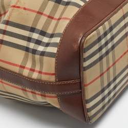 Pre Owned Burberry Brown/Beige Haymarket Fabric and Leather Drawstring Bucket Bag