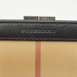 Pre Owned Burberry Beige/Black Housecheck Coated Canvas and Leather Kiss Lock Compact Wallet