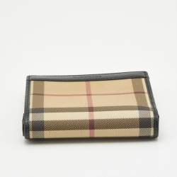 Pre Owned Burberry Beige/Black Housecheck Coated Canvas and Leather Kiss Lock Compact Wallet