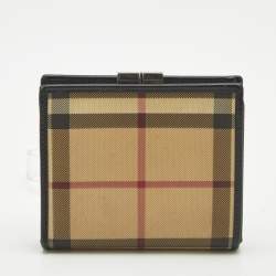Pre Owned Burberry Beige/Black Housecheck Coated Canvas and Leather Kiss Lock Compact Wallet