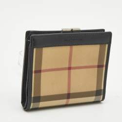Pre Owned Burberry Beige/Black Housecheck Coated Canvas and Leather Kiss Lock Compact Wallet