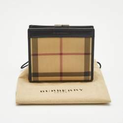 Pre Owned Burberry Beige/Black Housecheck Coated Canvas and Leather Kiss Lock Compact Wallet
