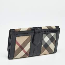 Pre Owned Burberry Black/Beige Nova Coated Canvas and Patent Leather Flap Continental Wallet