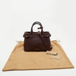 Pre Owned Burberry Burgundy/Beige Leather and House Check Canvas Small Banner Tote