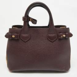 Pre Owned Burberry Burgundy/Beige Leather and House Check Canvas Small Banner Tote