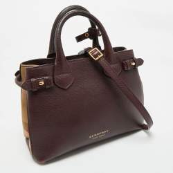 Pre Owned Burberry Burgundy/Beige Leather and House Check Canvas Small Banner Tote