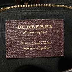 Pre Owned Burberry Burgundy/Beige Leather and House Check Canvas Small Banner Tote