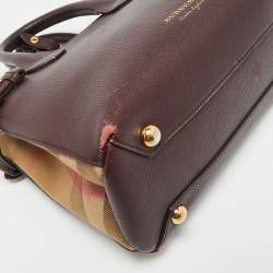 Pre Owned Burberry Burgundy/Beige Leather and House Check Canvas Small Banner Tote