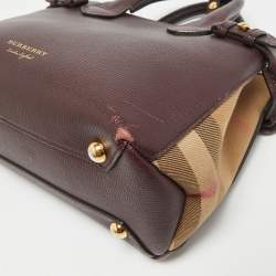 Pre Owned Burberry Burgundy/Beige Leather and House Check Canvas Small Banner Tote