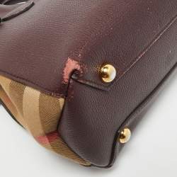 Pre Owned Burberry Burgundy/Beige Leather and House Check Canvas Small Banner Tote