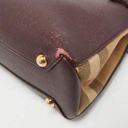 Pre Owned Burberry Burgundy/Beige Leather and House Check Canvas Small Banner Tote