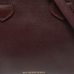 Pre Owned Burberry Burgundy/Beige Leather and House Check Canvas Small Banner Tote