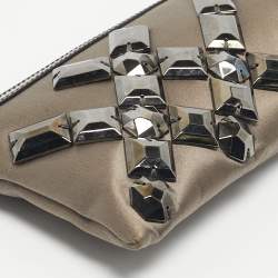 Pre Owned Burberry Dark Grey Satin Crystal Embellished Top Zip Clutch
