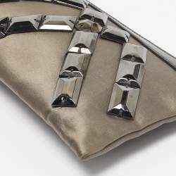 Pre Owned Burberry Dark Grey Satin Crystal Embellished Top Zip Clutch