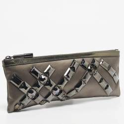 Pre Owned Burberry Dark Grey Satin Crystal Embellished Top Zip Clutch