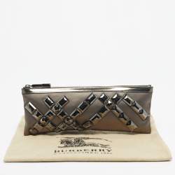 Pre Owned Burberry Dark Grey Satin Crystal Embellished Top Zip Clutch
