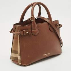 Pre Owned Burberry Brown/Beige House Check Fabric and Leather Small Banner Tote