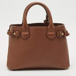 Pre Owned Burberry Brown/Beige House Check Fabric and Leather Small Banner Tote