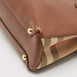 Pre Owned Burberry Brown/Beige House Check Fabric and Leather Small Banner Tote