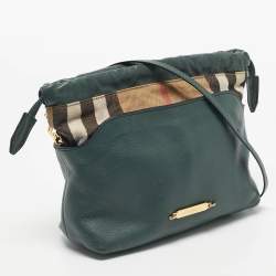 Pre Owned Burberry Green/Beige Leather and House Check Fabric Little Crush Crossbody Bag