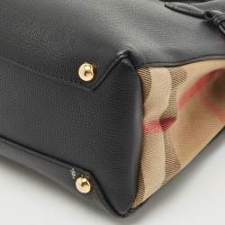 Pre Owned Burberry Black/Beige Leather and House Check Fabric Mini Banner Tote