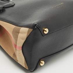 Pre Owned Burberry Black/Beige Leather and House Check Fabric Mini Banner Tote