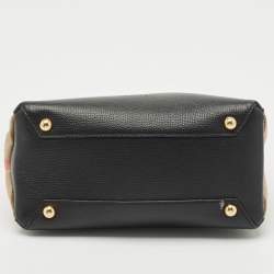 Pre Owned Burberry Black/Beige Leather and House Check Fabric Mini Banner Tote
