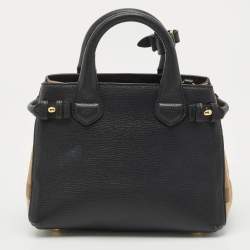 Pre Owned Burberry Black/Beige Leather and House Check Fabric Mini Banner Tote