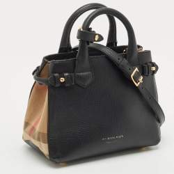 Pre Owned Burberry Black/Beige Leather and House Check Fabric Mini Banner Tote