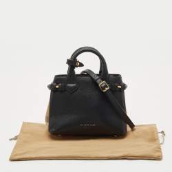 Pre Owned Burberry Black/Beige Leather and House Check Fabric Mini Banner Tote