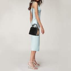 Pre Owned Burberry Black/Beige Leather and House Check Fabric Mini Banner Tote