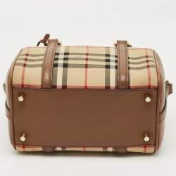 Pre Owned Burberry Beige/Brown Haymarket Fabric and Leather Mini Bowler Bag