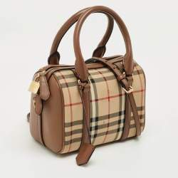 Pre Owned Burberry Beige/Brown Haymarket Fabric and Leather Mini Bowler Bag